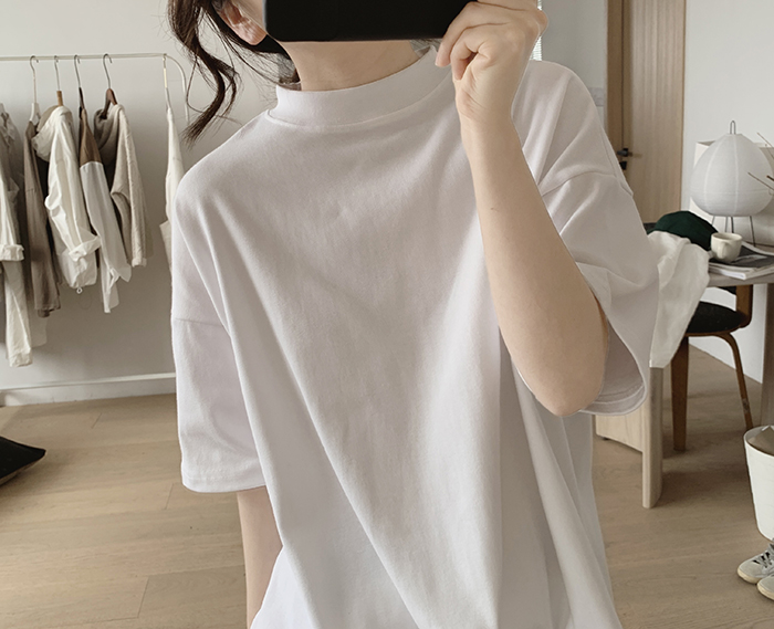 琪镌绘制半高领t恤女式春夏季新款宽松显瘦韩版简约半袖减龄棉质详情10