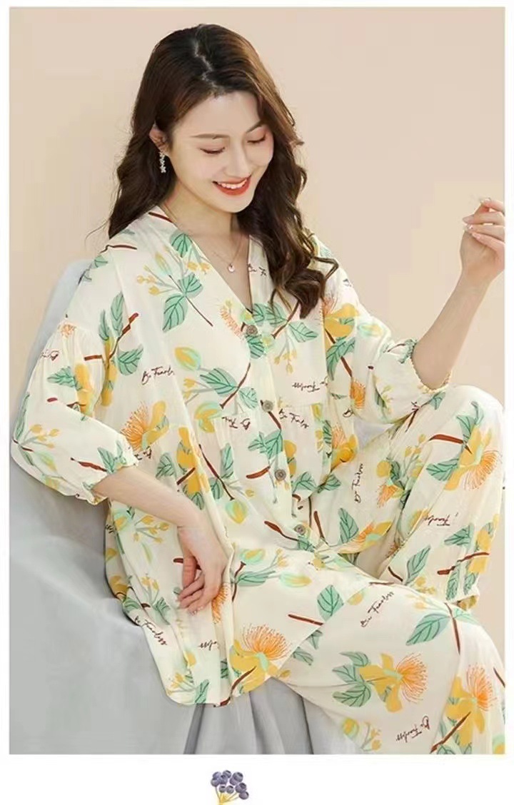 春夏新款棉绸睡衣套装女士七分袖大码宽松空调服家居服两件套详情15