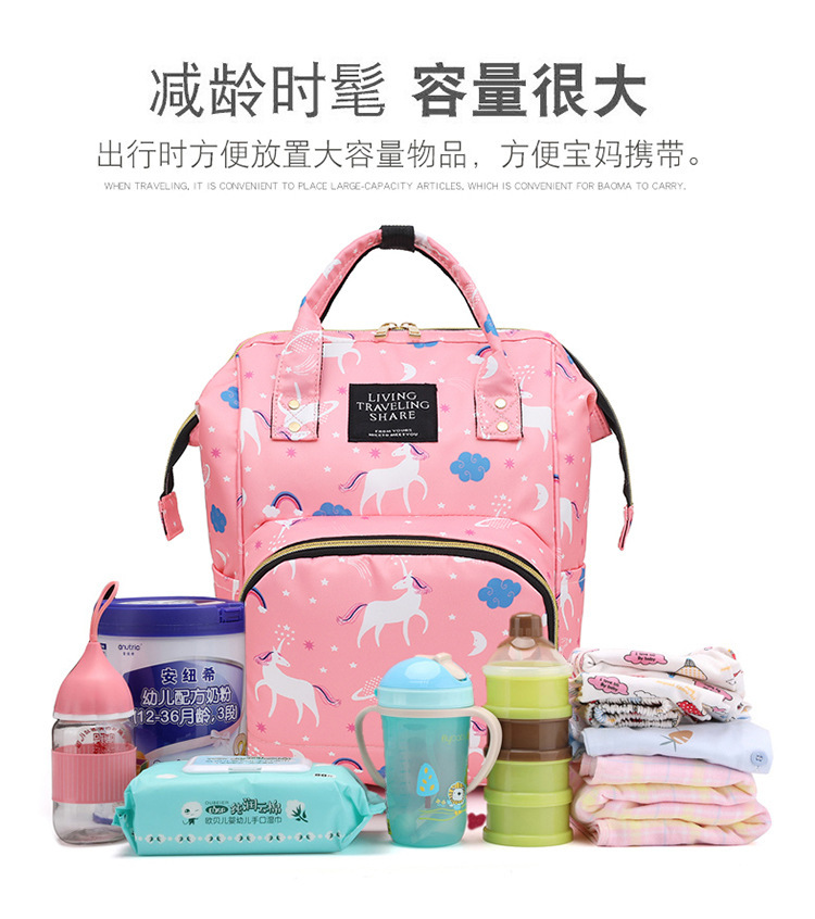 时尚印花独角兽双肩妈咪包多功能大容量外出母婴背包奶瓶尿布包详情3