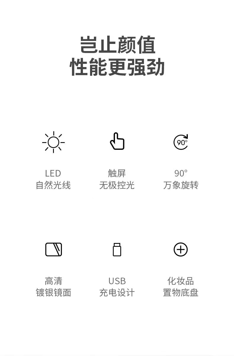 led化妆镜带灯台式网红女补光小镜子ins风宿舍桌面便携小型梳妆镜详情3