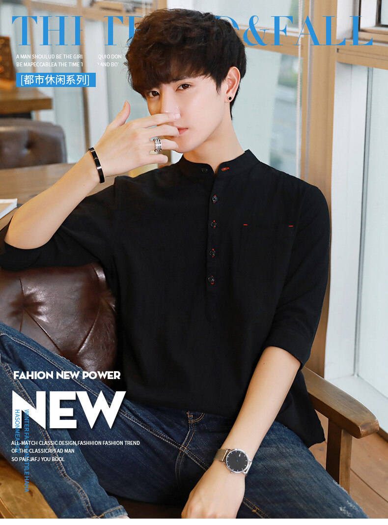 衬衫男士夏季韩版潮流帅气休闲百搭亚麻上衣七分短袖男装白色衬衣详情1