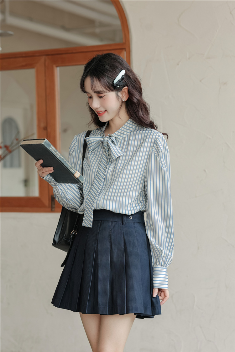 2024秋季新款韩版蓝色条纹通勤衬衣女长袖系带蝴蝶结宽松衬衫上衣详情11