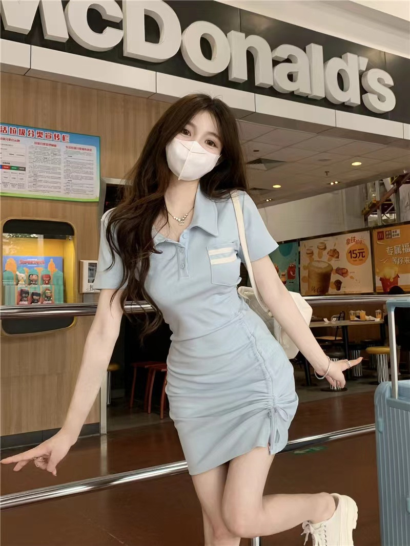 French-style, pure and sweet, petite, pure and sensual, hot girl, gentle style, high-end, hip-hugging, polo collar dress for women in summer pic 1