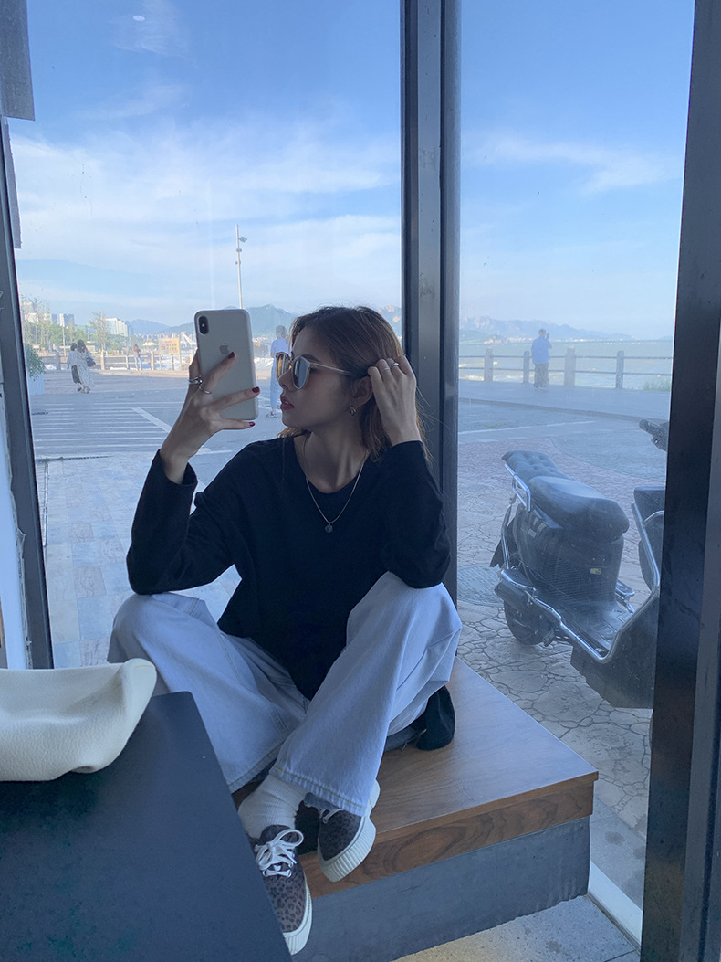 黄峥简约贴标开叉长袖T恤女2022春韩版宽松休闲设计感上衣T85396详情45