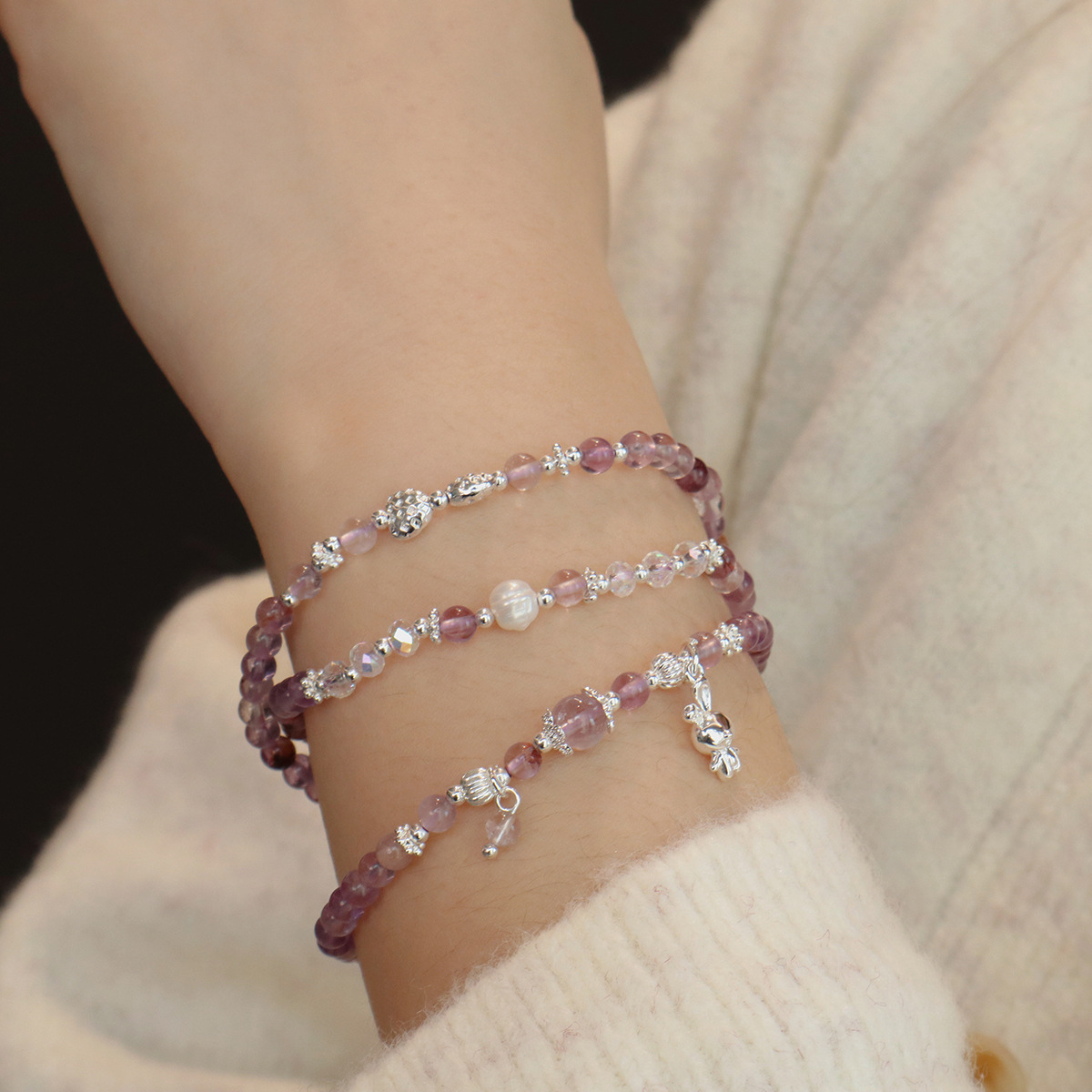 天然紫水晶手链紫幽灵三圈高级感设计黄水晶手串塔晶饰品详情16