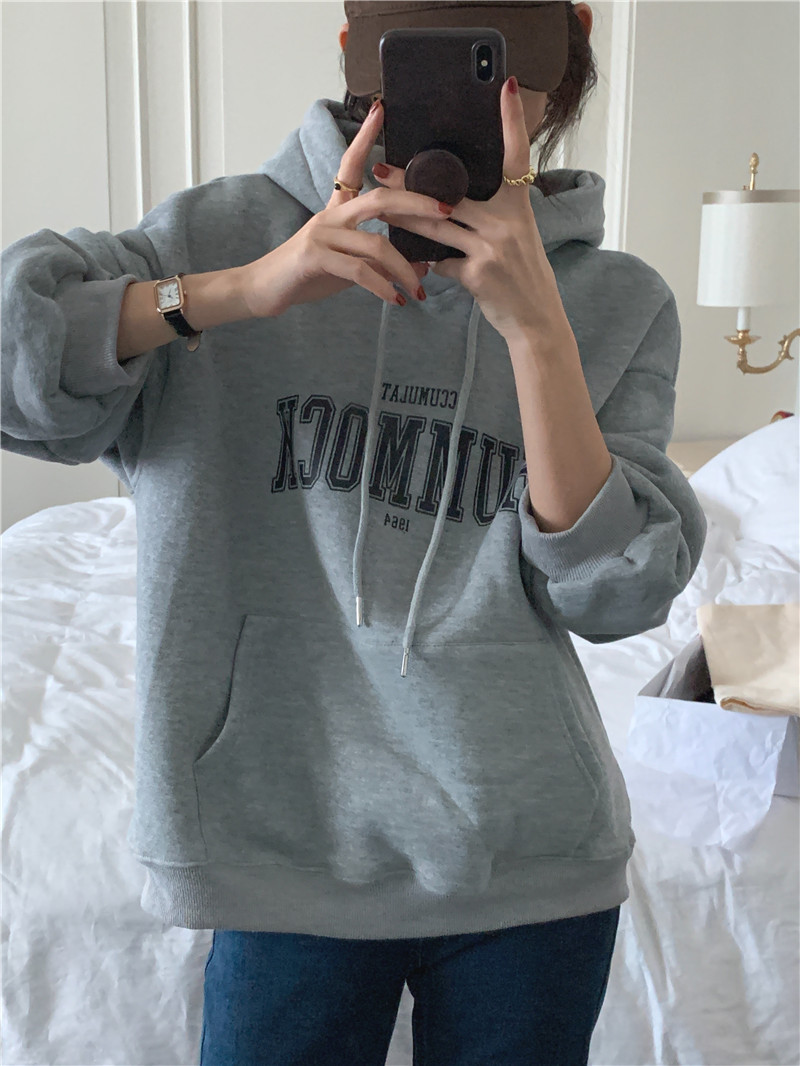 Letter-printed pullover with fleece hooded sweatshirt for women 2023 autumn/Winter new style Korean loose and versatile long-sleeved top pic 75