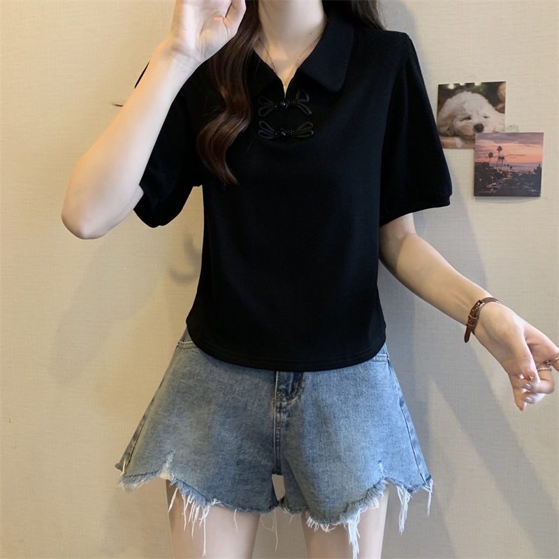 正肩Polo领短袖T恤女夏季大码胖mm显瘦新中式国风上衣泡泡袖小衫详情17