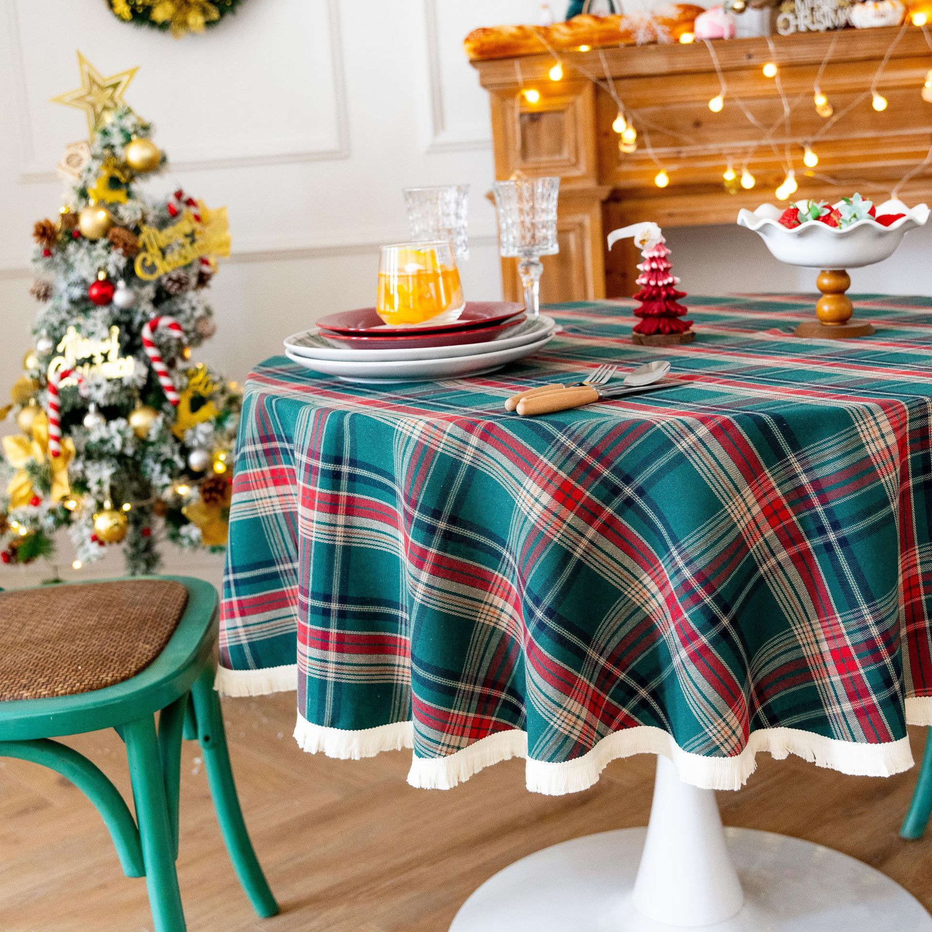Tablecloth, coffee table, cotton and linen decorative table, ins style best-selling rectangular retro dining table, festive red Christmas checkered pic 15