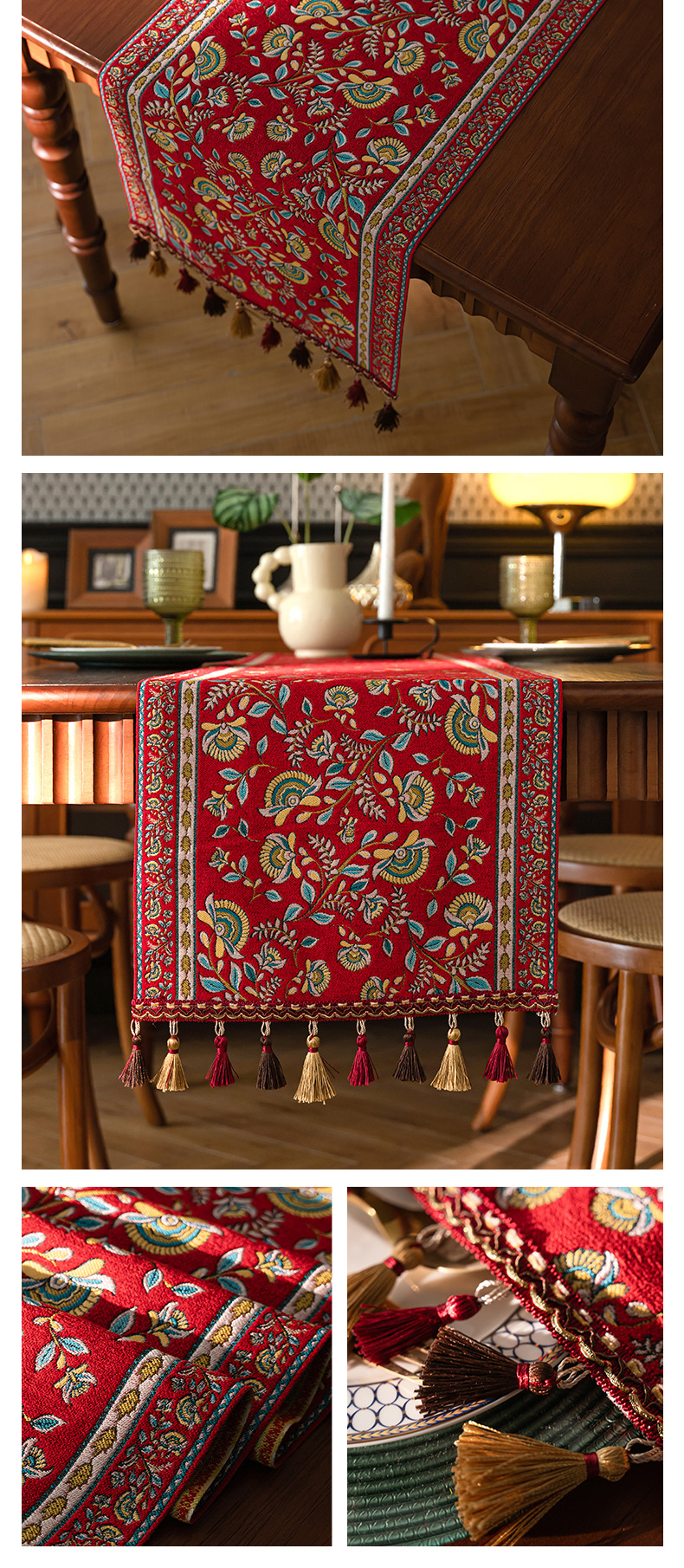 Cool Happiness American retro style, fashionable, simple, elegant and high-end, long tablecloth, colored jacquard, high-end, tassel, home coffee table, tea flag, high-end chest of drawers, table flag pic 47