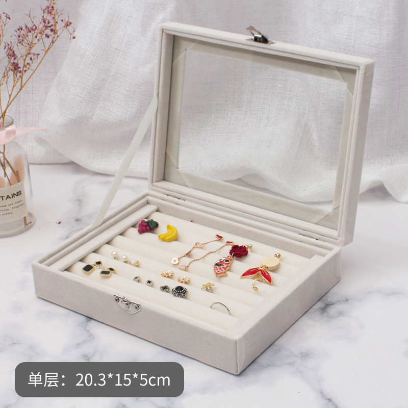 Jinqi 9-grid flocking jewelry storage, transparent cover, jewelry display tray, necklace, stud earrings, ring accessories, wooden box pic 19
