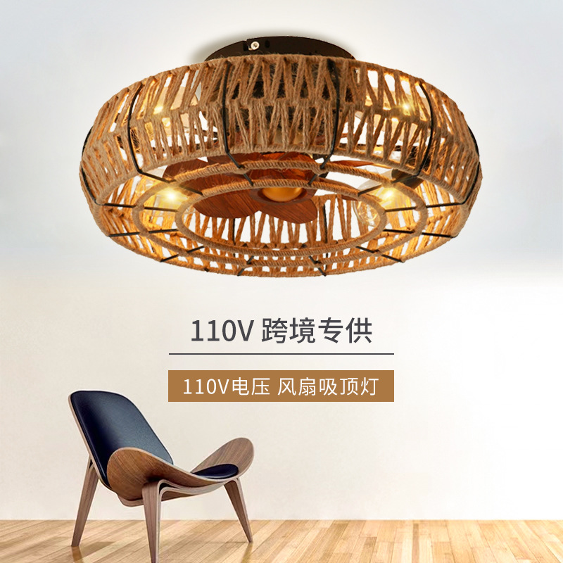 Cross-border 110V invisible American standard hanging electric fan lamp with hemp rope, variable frequency bedroom, dining room and living room ceiling lamp, rope weaving lamp pic 1