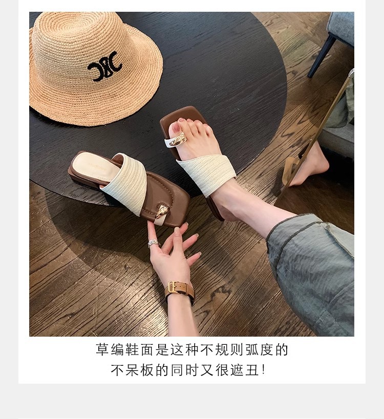 葡萄妈夏季新款度假风金属夹脚气质方头草编织套趾凉拖鞋女外穿详情24