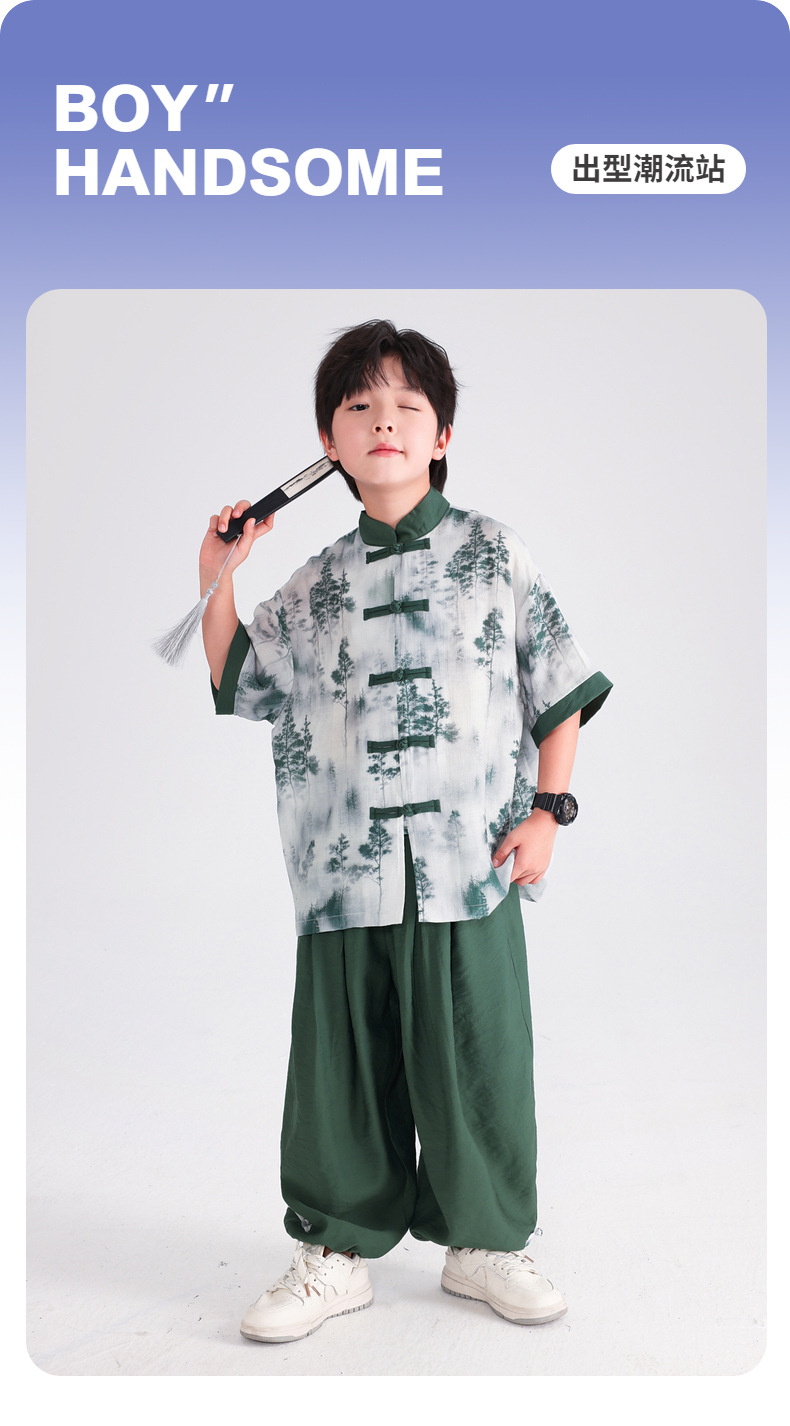 国潮男童夏季日常可穿汉服短袖套装2025新款小学生儿童古装演出服唐装详情1
