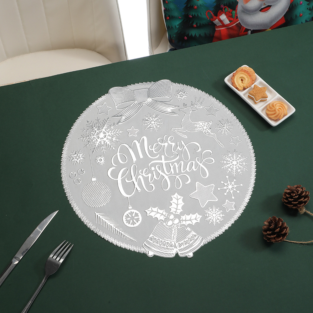 PVC gold-embossed Christmas table mat, Christmas household portable heat insulation mat, round waterproof and heat-resistant Western table mat pic 5