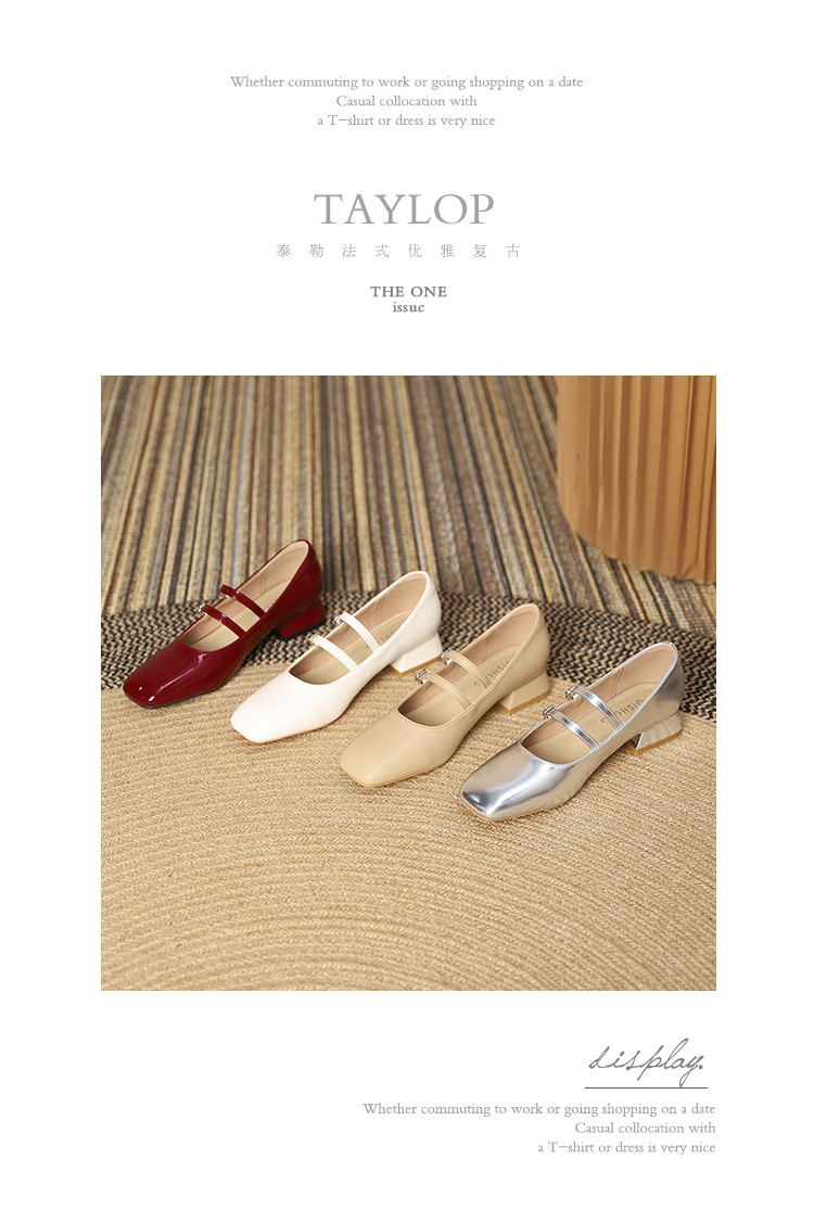 The new 2024 Spring/autumn collection of Mary Jane shoes, featuring a stylish square-toed one-shoulder style, is made of genuine leather with a shallow opening, thick mid-heel, and is a wedding shoe pic 39