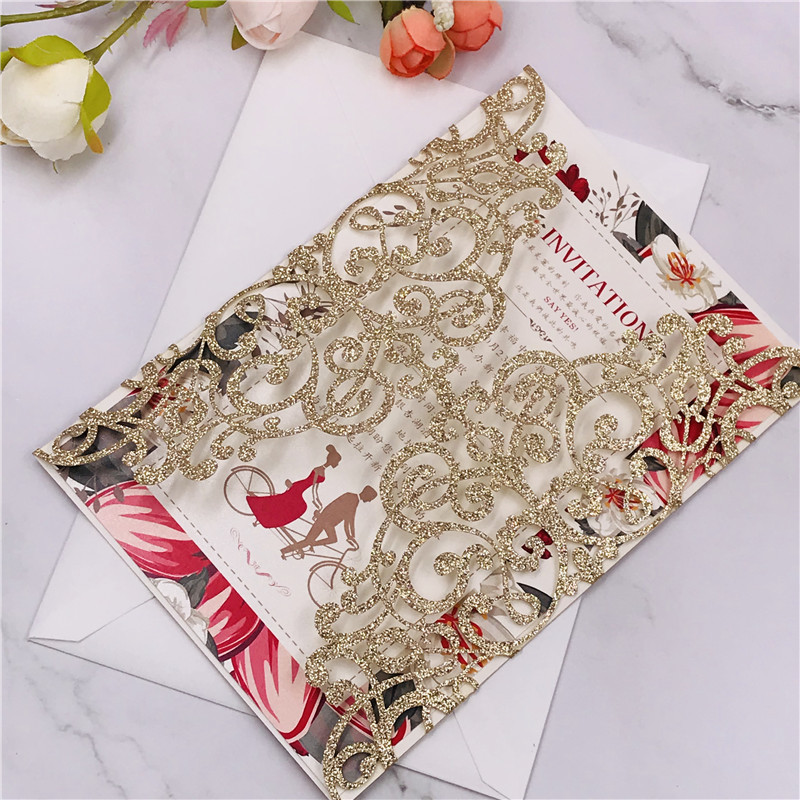 Customized wedding invitations, festival greeting cards and wedding invitations made of multi-color golden scallion powder, super flash material, hollowed-out card paper pic 12