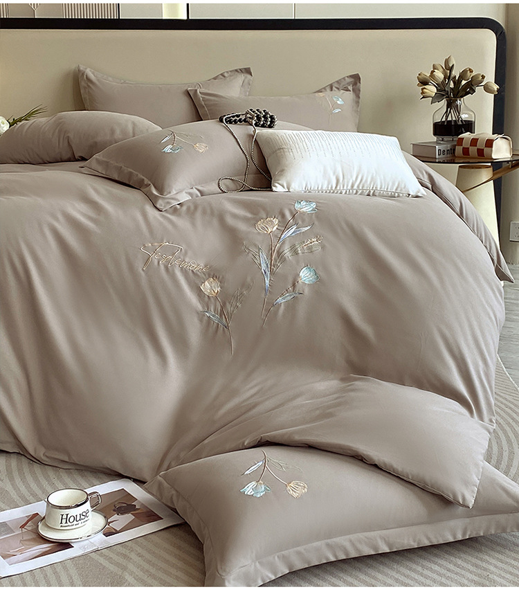 Nantong Home Textile solid color embroidered bedding four-piece set, brushed washed cotton Class a baby and mother grade quilt cover and bed sheet consignment pic 20