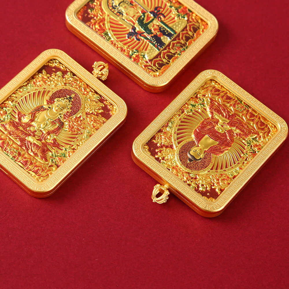 单面藏式浮雕合金唐卡文殊普贤本命佛随身佛牌黄财神吊坠详情2