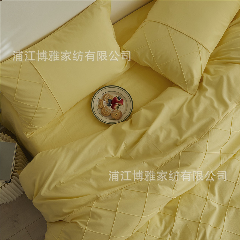 Wholesale of high-quality three or four-piece sets of washed cotton 40-count hand-knitted rhombus-shaped checkered plain pure cotton bedding pic 34