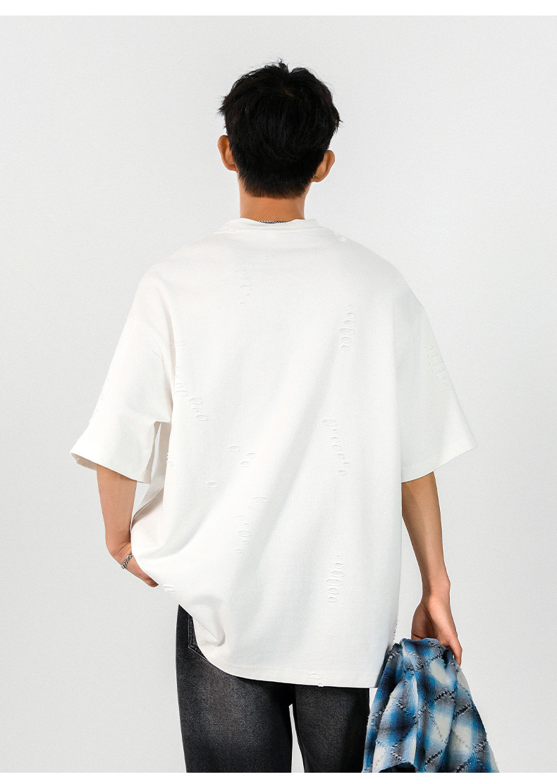 质感肌理不规则破洞短袖T恤男女夏季新款潮牌宽松情侣半袖体恤衫详情10