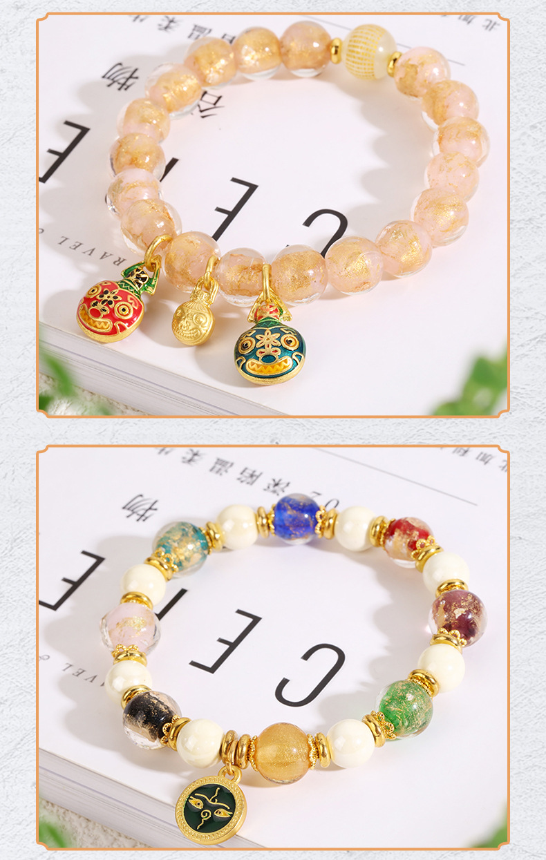宫廷风五路财神香灰琉璃多宝珠手串国潮复古金箔珠吞金兽手链手饰详情17
