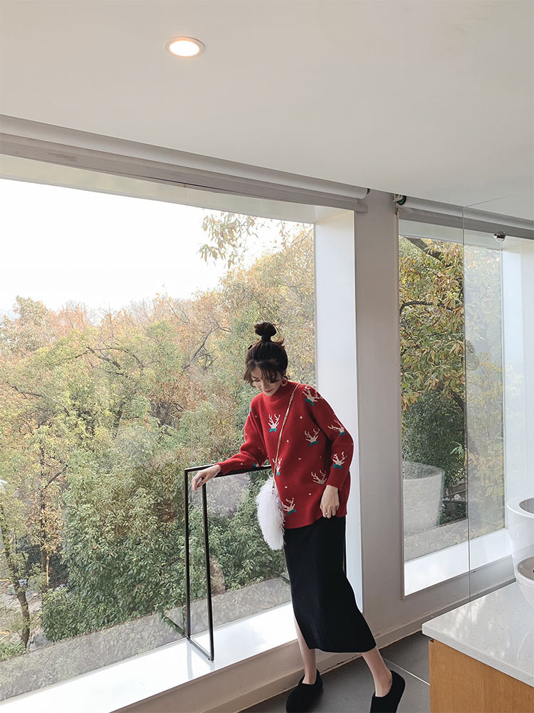 新款圣诞麋鹿红色半高领毛衣女宽松显瘦长袖打底针织衫潮详情6