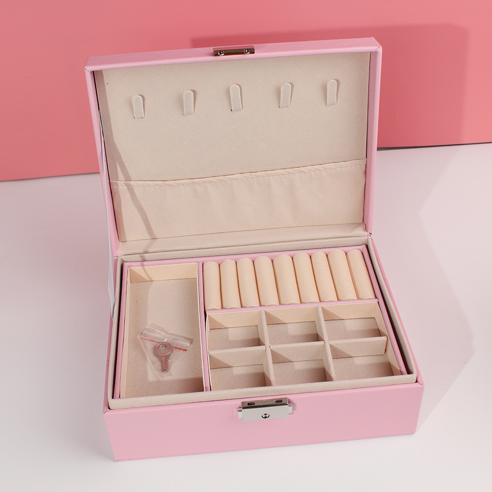 瑾奇2023首饰盒带锁双层大容量皮革珠宝饰品戒指项链耳环耳钉收纳盒子 粉色儿童收纳系列 JQ009详情14
