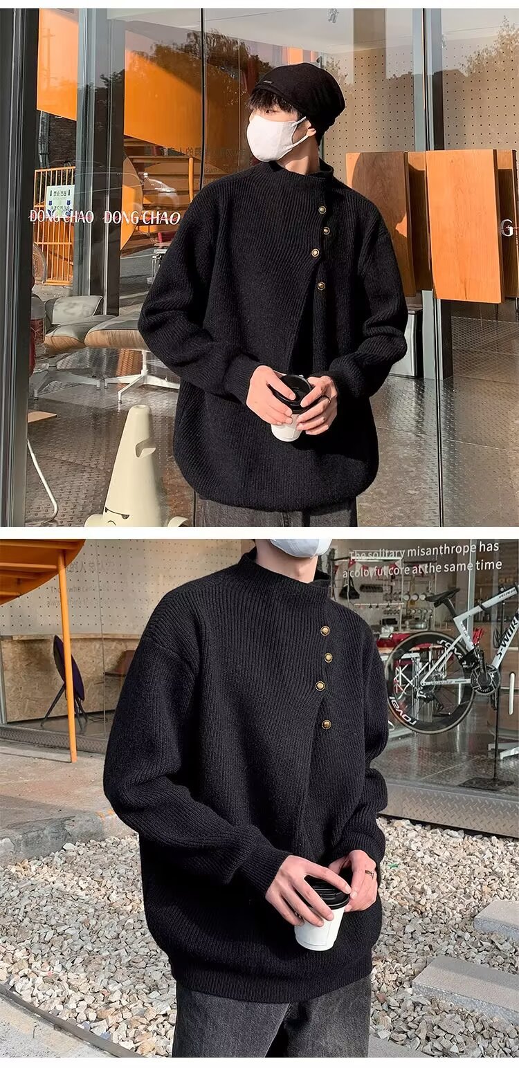 A high-neck sweater with an irregular button design, a stylish and laid-back oversized knitted top from a Korean streetwear brand pic 6