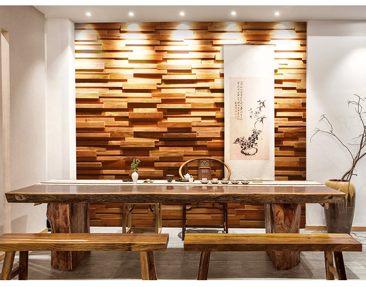 原木马赛克电视背景墙民宿形象墙装饰黑胡桃色凹凸立体实木条细条详情15