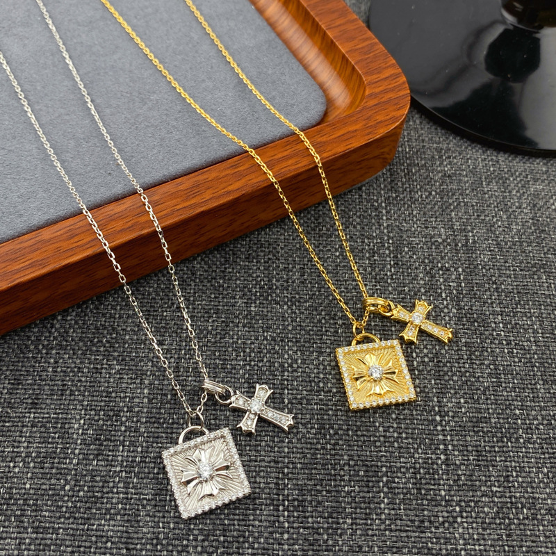 S925银十字花吊坠几何方形项链微镶轻奢电镀真白金颈链气质锁骨链详情18