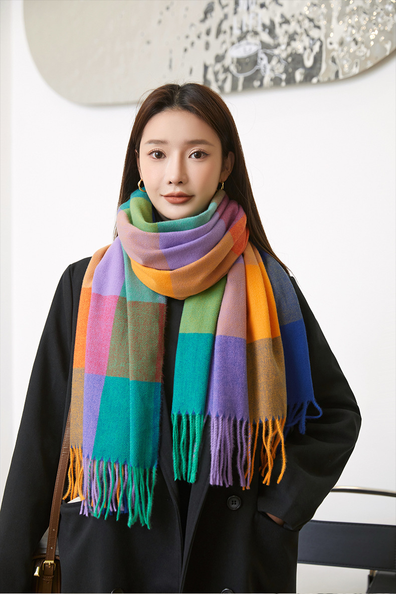 2022 New checkered scarf for women, a sweet and versatile Japanese and Korean style warm scarf, a fashionable shawl, and a faux cashmere scarf for women pic 29