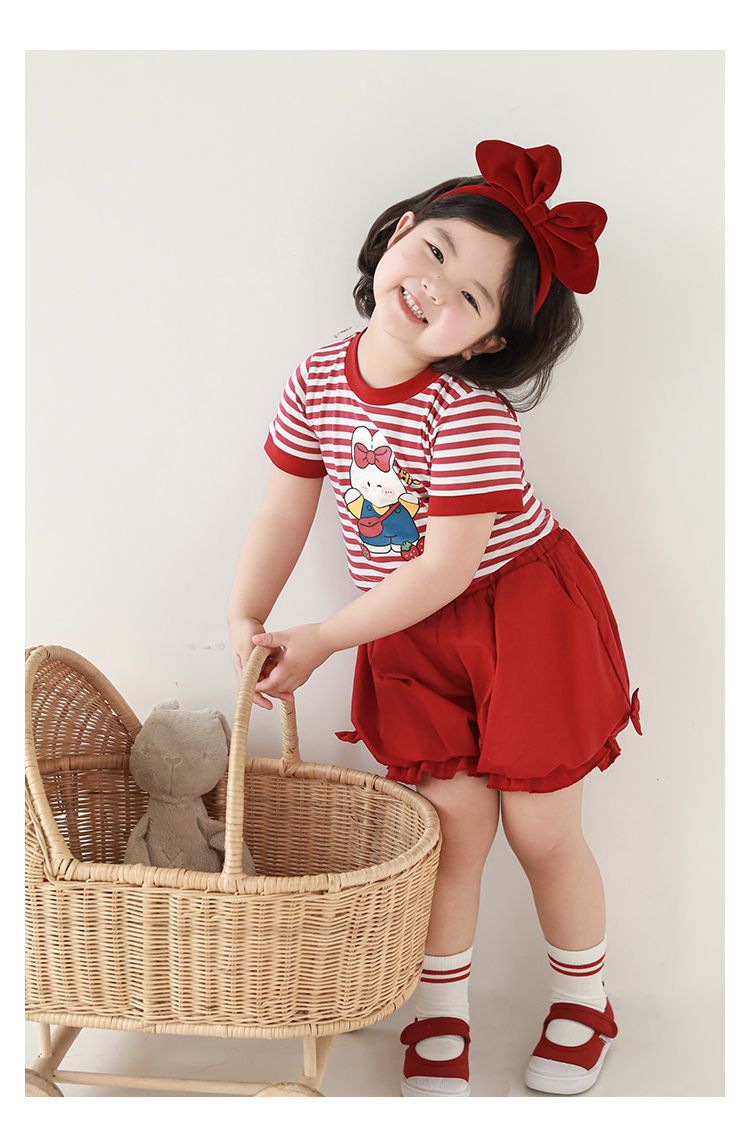 吾里卜一 女童小兔印花半袖T恤2024夏季儿童甜美可爱撞色短袖体恤详情29