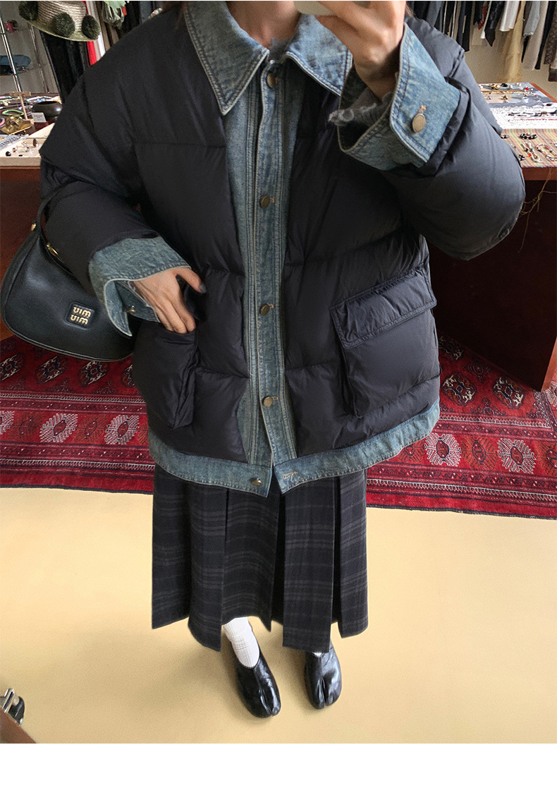Qumeng DT CLASSIC Retro patchwork fake two-piece denim down jacket for women, 90 white duck down winter coat for women pic 13