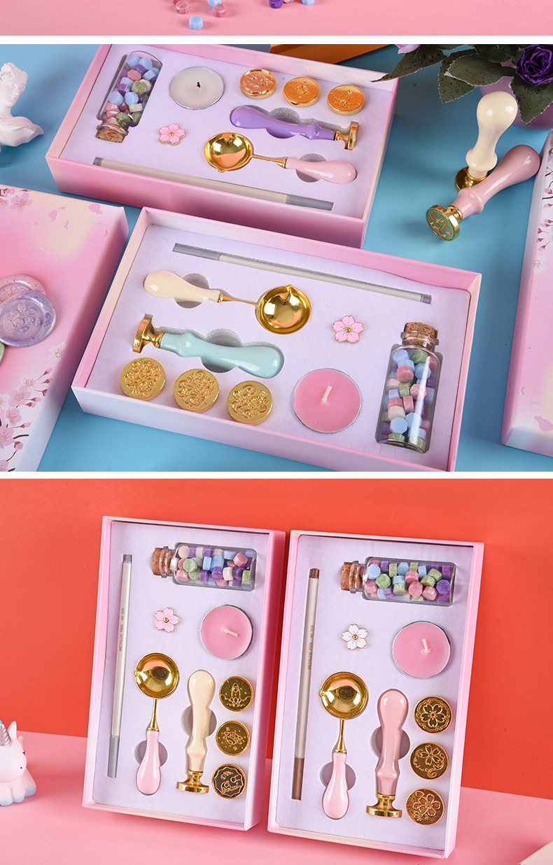 手账樱花火漆蜡套装木柄印章马卡龙创意礼品樱花封印蜡套装木勺子详情13