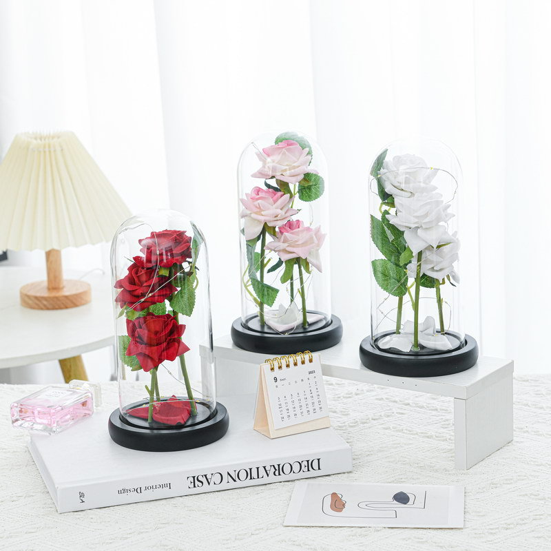 玻璃罩玫瑰花仿真摆母亲节礼物金箔花泡沫熊灯发光装饰品创意摆件详情1
