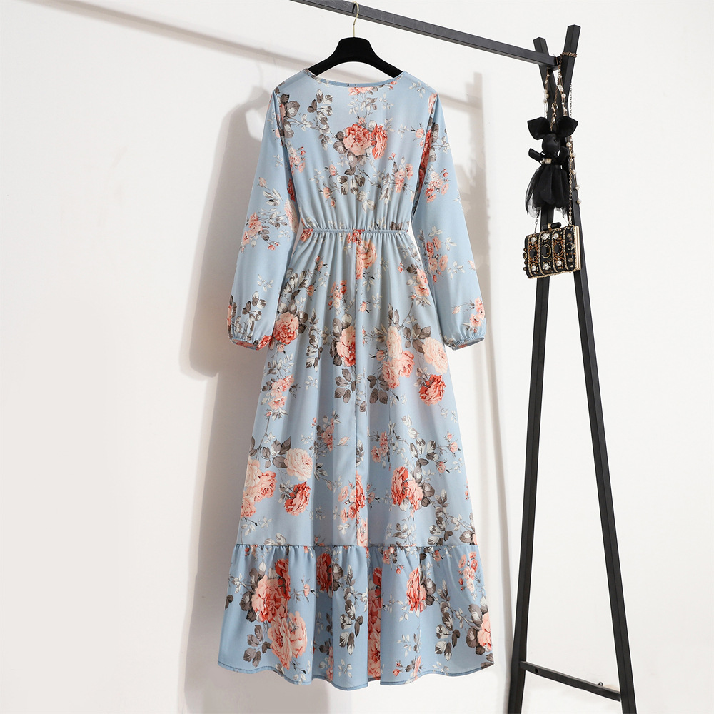 European and American floral long, round-neck, long-sleeved, waist-cinching and slimming dress pic 80