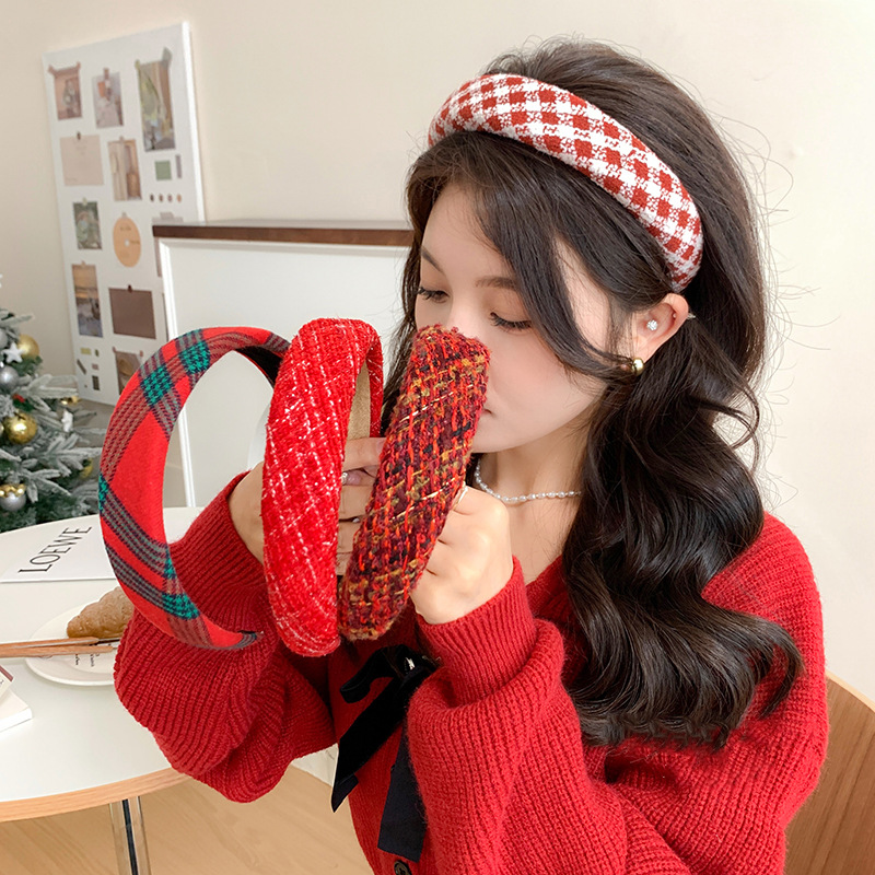 2024 New Year Spring Retro Hong Kong-style wine red velvet headband with checkered French sponge high top headband pic 1