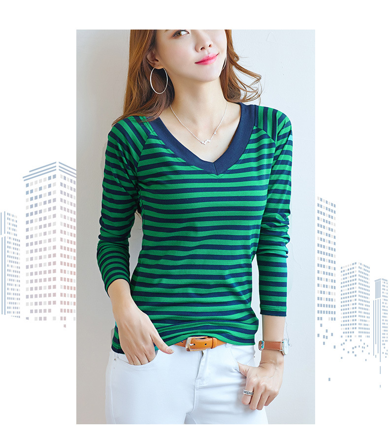 2022 Spring/Summer New Korean-style slim and slimming striped V-neck long-sleeved T-shirt for women, high-quality cotton elastic base layer pic 8