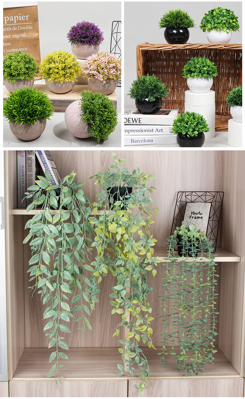 Cross-border best-selling 4-piece set of round ceramic potted plants for home decoration, artificial plant and green plant bonsai set pic 43