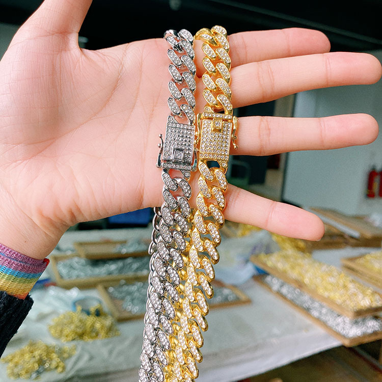 欧美合金线条古巴链镶钻手链13毫米满钻男女士嘻哈风镀金项链详情22