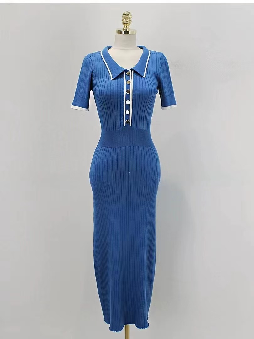 韩版chic复古纯欲风POLO领弹力修身显瘦撞色短袖针织包臀连衣裙详情12