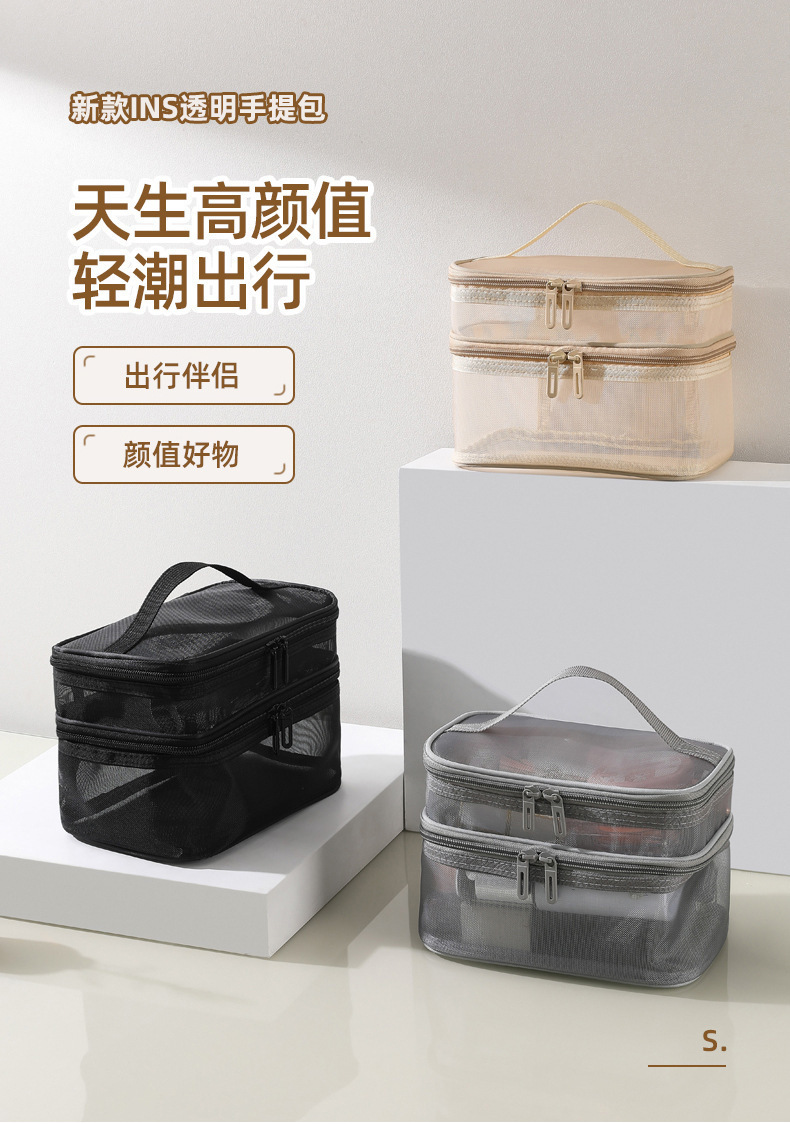 跨境现货新款手提包化妆包便携式透明大容量双层网纱洗漱收纳包袋详情1