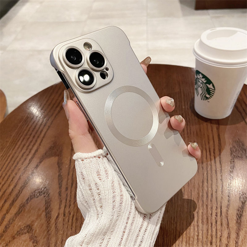 适用苹果15Promax无边框磁吸手机壳金属漆iPhone13镜头膜全包硬壳详情11