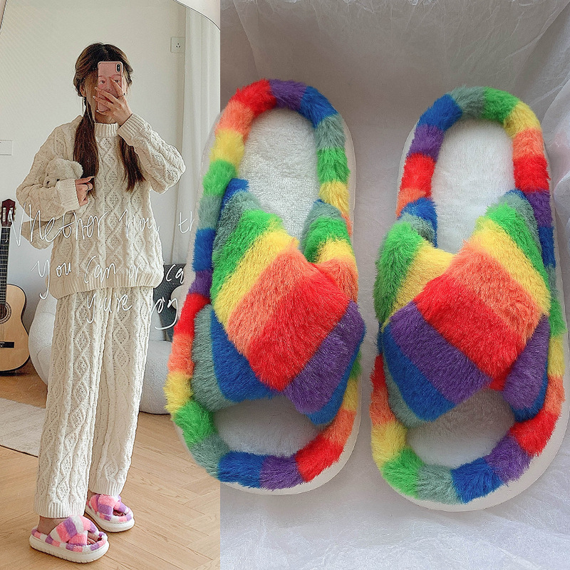 2024秋冬新款时尚居家交叉毛毛拖彩色露趾时尚多色条形甜美休闲详情1
