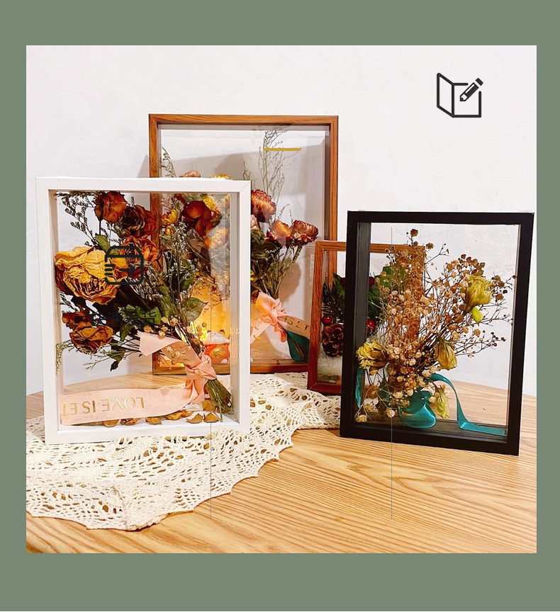 Wholesale of Nordic dried flower photo frames, handmade diy wooden hollow three-dimensional double-sided transparent acrylic long strip display pieces pic 3