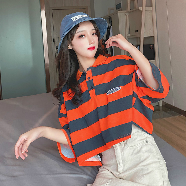 Real photos of Japanese-style retro polo shirts for women in summer, short-sleeved loose Hong Kong-style half-sleeved T-shirts, and summer tops pic 20