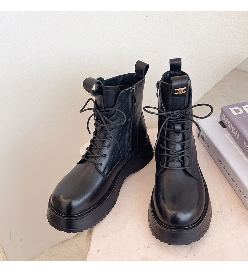 头层牛皮马丁靴女英伦风侧拉链真皮圆头厚底短靴一件代发黑色皮靴详情10