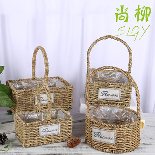 厂家批发节日礼品伴手礼品鲜花包装资材草编提篮花篮鲜花篮花盆详情3