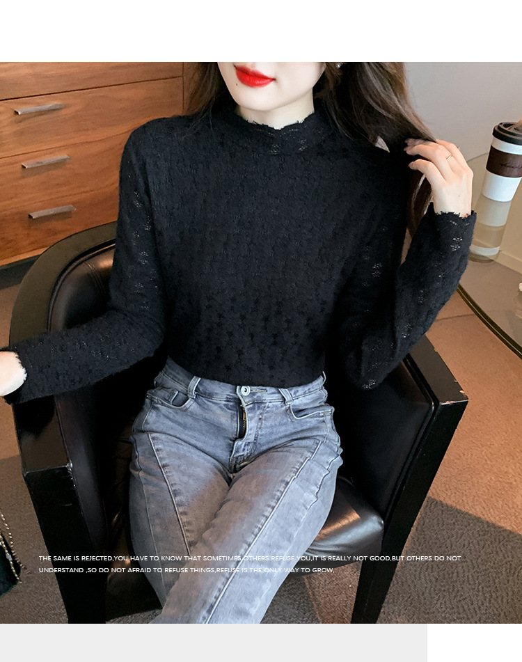 A stylish and youthful 2023 autumn collection, paired with a semi-high-neck top, long-sleeved small stand-up collar, and a youthful lace base layer for women pic 30