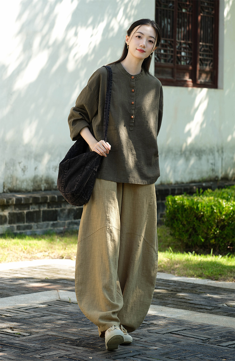 2024春夏棉麻女装新品亚麻立领拼色盘扣套头大码上衣女式棉麻衬衫详情20